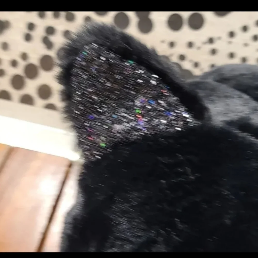 Faux Fur Black Cat Halloween Pillow Plush Sparkly Irridecent Glittered Ears NEW
